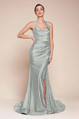 Halter Sleeveless Split Mermaid Long Formal Dress With Pleated