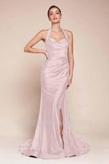 Halter Sleeveless Split Mermaid Long Formal Dress With Pleated