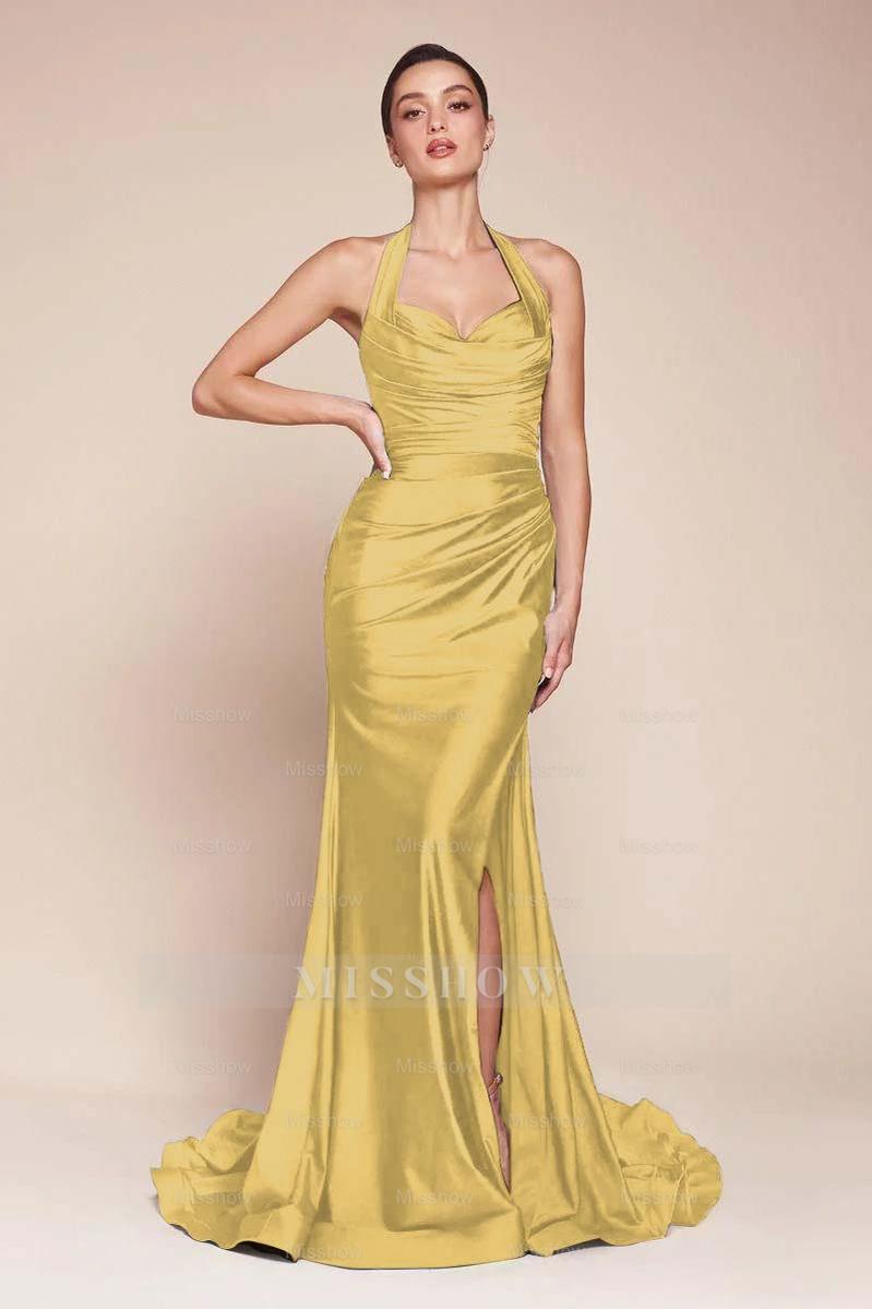Halter Sleeveless Split Mermaid Long Formal Dress With Pleated