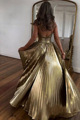 Halter Sweetheart Cut-Out Pleated Metallic A-Line Prom Dress Side Slit Floor Length