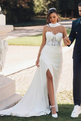 Halter Sweetheart Illusion 3D Floral Lace Corset Stretch Crepe Mermaid Wedding Dress High Slit Sweep Train