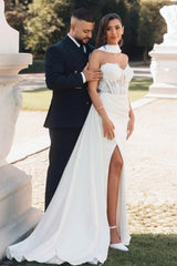 Halter Sweetheart Illusion 3D Floral Lace Corset Stretch Crepe Mermaid Wedding Dress High Slit Sweep Train