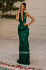 Halter V Neck Sleeveless Long Mermaid Formal Dress With Appliques