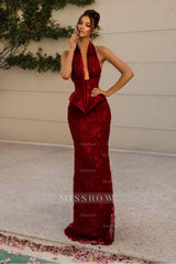Halter V Neck Sleeveless Long Mermaid Formal Dress With Appliques