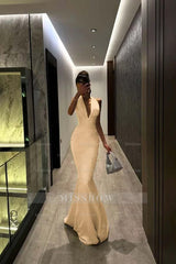 Halter V Neck Sleeveless Long Mermaid Formal Dress With Pleated