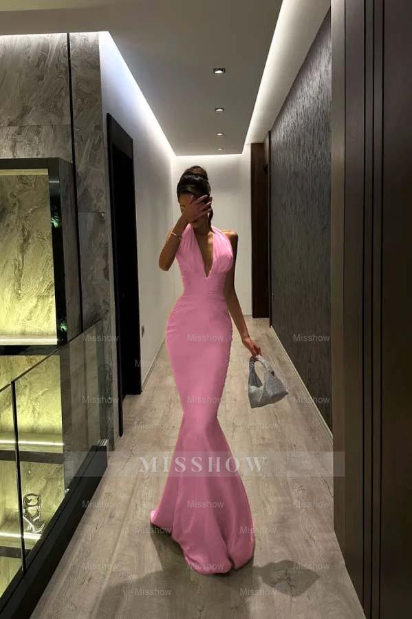 Halter V Neck Sleeveless Long Mermaid Formal Dress With Pleated