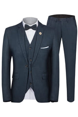 Handcrafted Navy Blue Notched Lapel Three-Piece Business Suit for Men