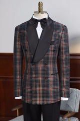 Handsome Black Checkered Shawl Lapel Double Breasted Prom Attire
