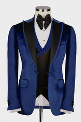 Hayes Tailored Navy Blue Peaked Lapel Three-Piece Velvet Prom Suit