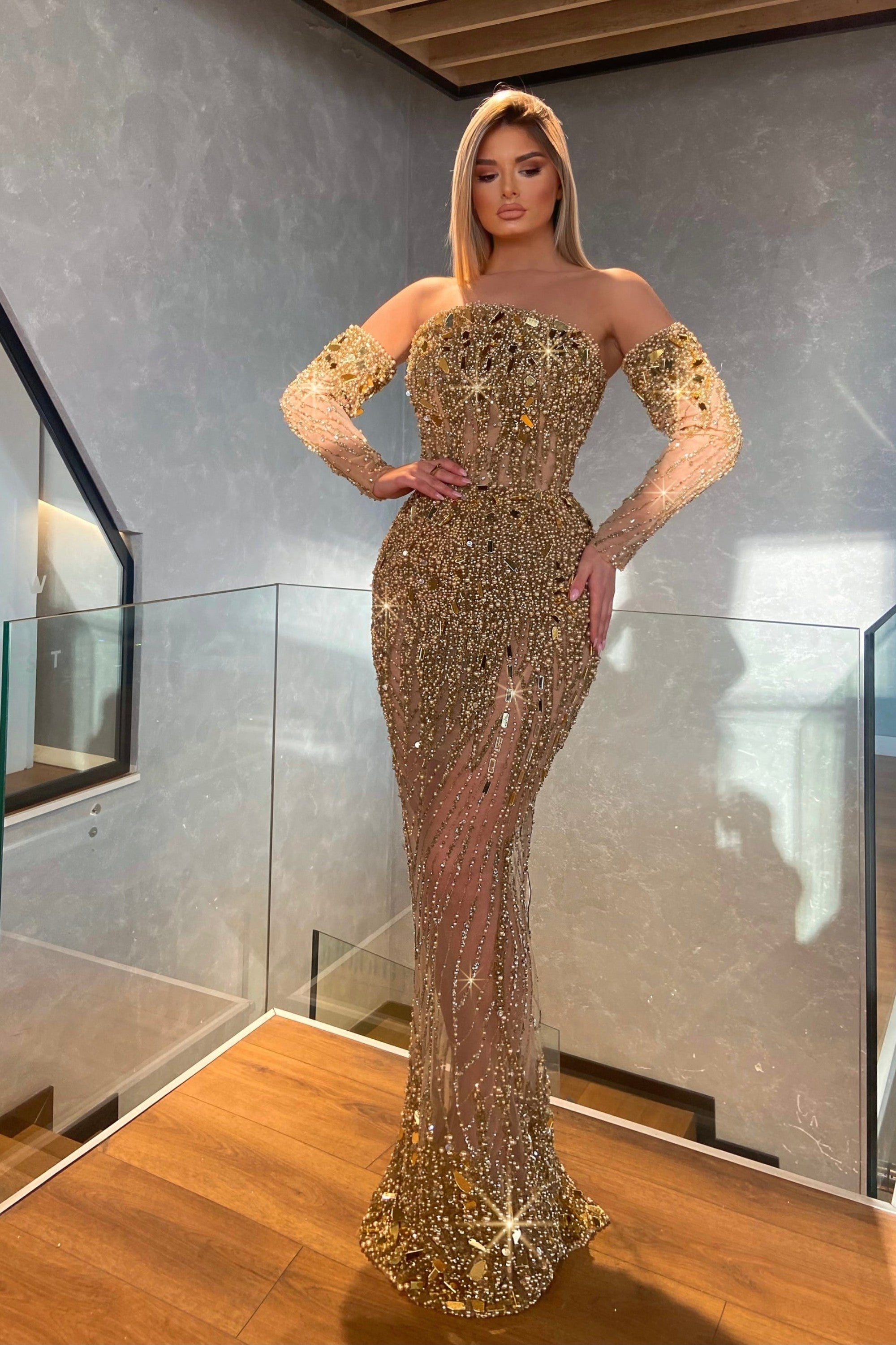 Heavy Formal Dress Gold With Beading Sequins With Long Half Sleeves