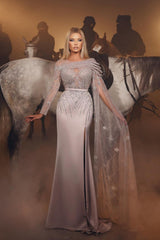 Heavy Formal Dress Sequins With Belt One Sleeve Long Satin Slit Tulle