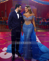 Heavy Off the Shoulder Mermaid Formal Dress Sequins Beading V Neck