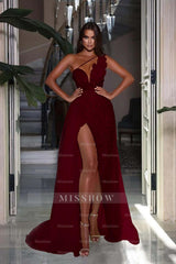 Heavy Sequins Formal Dress Sleeveless One Shoulder With High Slit