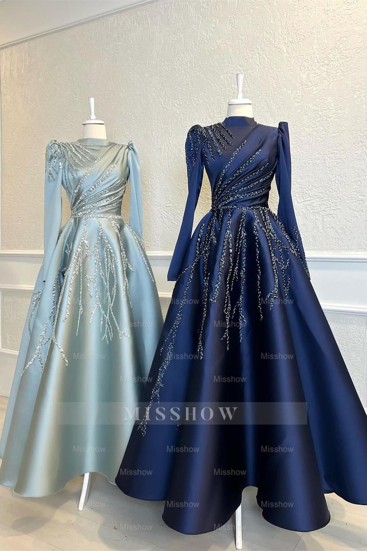 High Collar Long Sleeves A Line Beads Formal Dress With Pleated Appliques