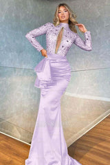 High Collar Long Sleeves Mermaid Pleated Sequins Formal Dress With Beadings
