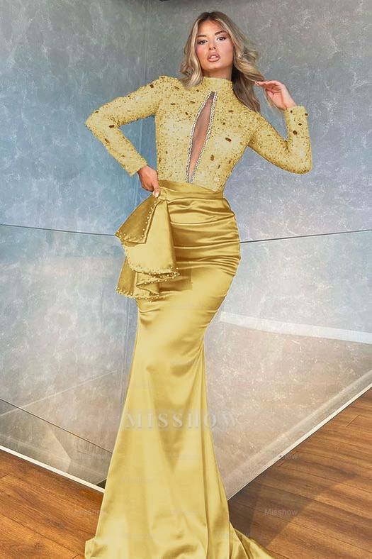 High Collar Long Sleeves Mermaid Pleated Sequins Formal Dress With Beadings