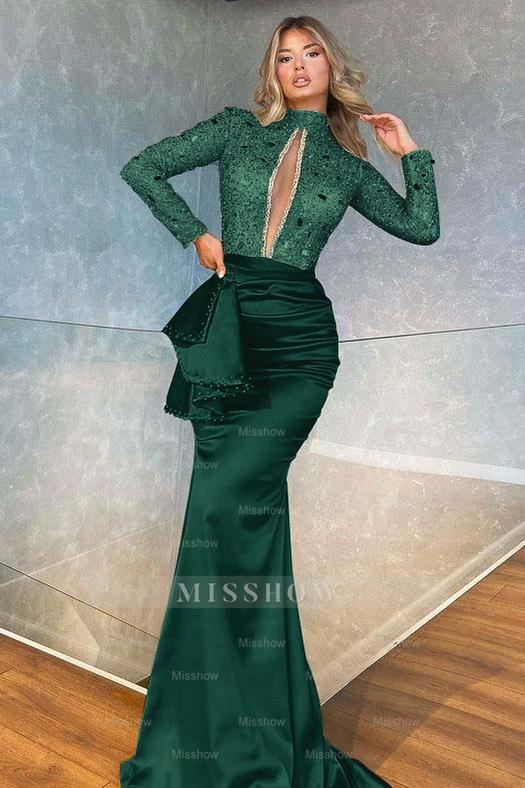 High Collar Long Sleeves Mermaid Pleated Sequins Formal Dress With Beadings