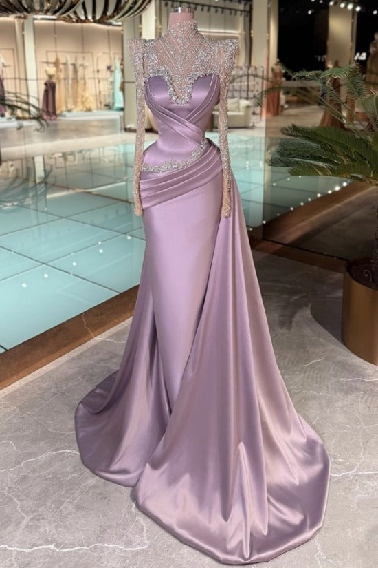 High Neck Crystal Illusion Long Sleeve Structured Shoulder Sweetheart Satin Cross-Draped Ruched Mermaid Evening Dress Side Train