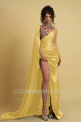 High Neck Formal Dress Regency One Shoulder With Ruched Beads