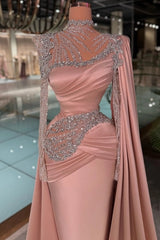 High Neck Illusion Crystal Vine Asymmetric Cape Sleeve Diagonal Mega-Ruched Satin Crystal Waist Cutout Mermaid Evening Dress Oversized Cape Train