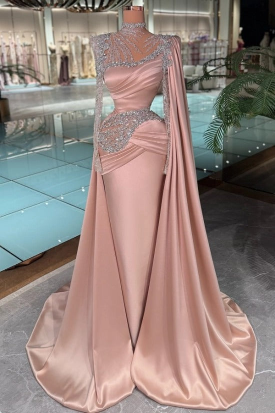 High Neck Illusion Crystal Vine Asymmetric Cape Sleeve Diagonal Mega-Ruched Satin Crystal Waist Cutout Mermaid Evening Dress Oversized Cape Train