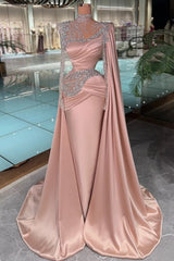 High Neck Illusion Crystal Vine Asymmetric Cape Sleeve Diagonal Mega-Ruched Satin Crystal Waist Cutout Mermaid Evening Dress Oversized Cape Train