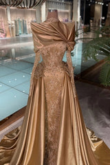 High Neck Illusion Gold Lace Crystal Long Sleeve One-Shoulder Twisted Satin Draped Cape Overskirt Mermaid Evening Dress Cathedral Train