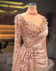 High Neck Illusion Long Sleeve 3D Floral Beading Sequin Ruched Satin Mermaid Evening Dress Chapel Train Floor Length