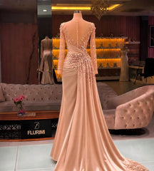 High Neck Illusion Long Sleeve 3D Floral Beading Sequin Ruched Satin Mermaid Evening Dress Chapel Train Floor Length
