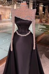 High Neck Illusion Long Sleeve Dense Crystal Rhinestone Structured Shoulder Satin Ruched Corset Overskirt Column Evening Dress