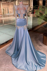 High Neck Illusion Long Sleeve Ultra-Dense Gold Crystal Lace Embroidery Full Illusion Back Ruched Satin Waist Band Gold Lace Hem Mermaid Evening Dress Cathedral Train