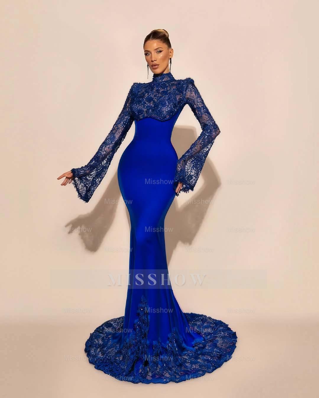 High Neck Lace Long Sleeves Long Mermaid Formal Dress With Pleated