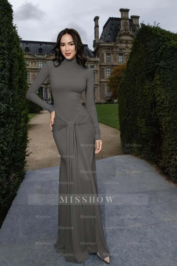 High Neck Long Sleeves Long Mermaid Formal Dress With Pleated