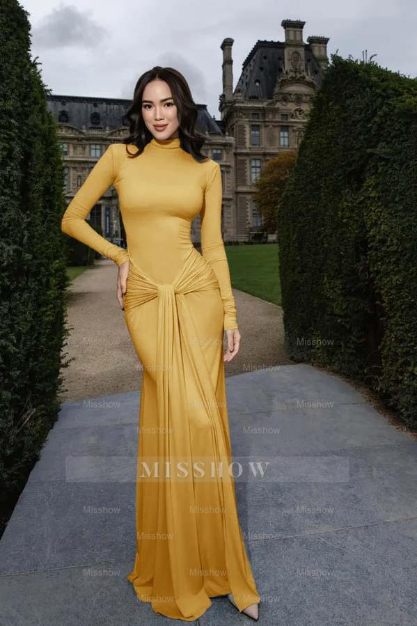 High Neck Long Sleeves Long Mermaid Formal Dress With Pleated