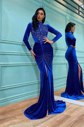 High Neck Mermaid Long Sleeves Royal Blue Split Formal Dress With Beadings
