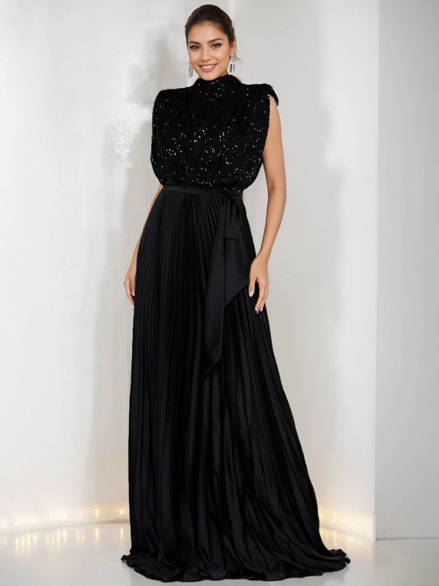 High Neck Sleeveless A-Line Princess Dress for Mothers of the Bride & Groom with Sequins and Ruffles