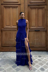 High Neck Sleeveless Long Mermaid Formal Dress With Split Ruffles