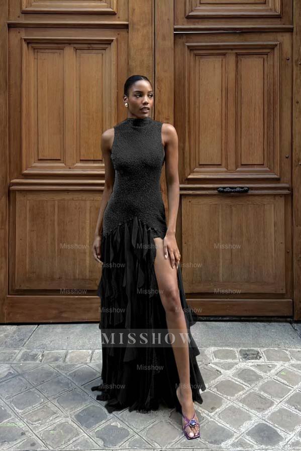 High Neck Sleeveless Long Mermaid Formal Dress With Split Ruffles