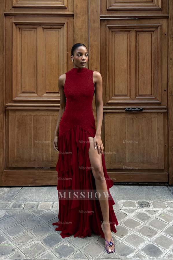 High Neck Sleeveless Long Mermaid Formal Dress With Split Ruffles