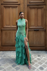 High Neck Sleeveless Long Mermaid Formal Dress With Split Ruffles