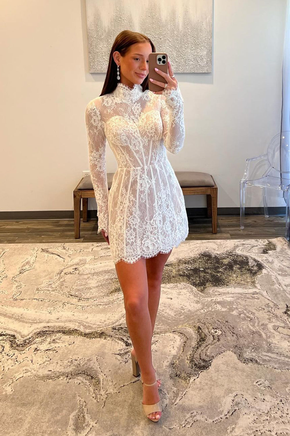 High-Neck White Lace Corset Mini Dress with Elegant Long Sleeves for Homecoming High-Neck White Lace Corset Mini Dress with Elegant Long Sleeves for Homecoming
