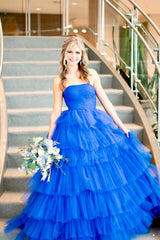 Royal blue strapless ruffled A-line prom dress