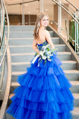 Royal blue strapless ruffled A-line prom dress