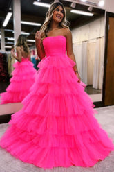Hot pink strapless ruffled A-line prom dress