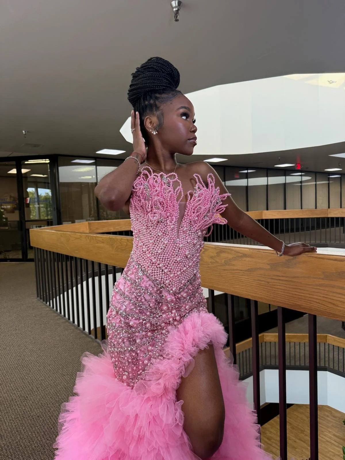 Hot Pink Mermaid Prom Dress Strapless Pearl Crystal Rhinestone Beaded Bodice 3D Sculptural Pearl Tendril Feather Tulle Ruffle Hi-Lo Skirt Gown