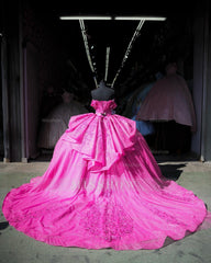 Hot Pink Off-Shoulder Sleeveless Applique Beaded Ruffles Ball Gown Quinceanera Dress