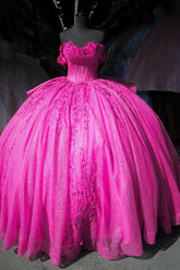 Hot Pink Off-Shoulder Sleeveless Applique Beaded Ruffles Ball Gown Quinceanera Dress