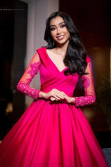 Hot Pink Satin A-Line Cocktail Dress Deep V-Neck Lace Long Sleeves Tea Length Party Gown