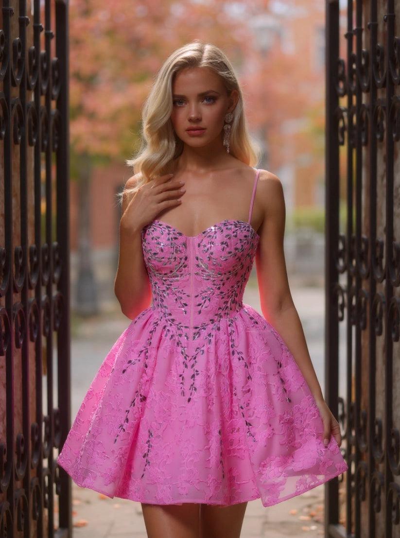 Hot Pink Short Homecoming Dress Spaghetti Straps Sweetheart Illusion Boned Corset Purple Crystal Vine | Misshow misshow.com Hot Pink Short Homecoming Dress Spaghetti Straps Sweetheart Illusion Boned Corset Purple Crystal Vine | Misshow misshow.com