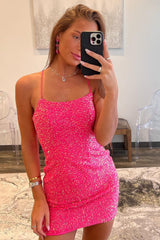 Hot Pink Spaghetti Straps Scoop Neck All-Over Sequin Lace-Up Back Bodycon Homecoming Dress Mini